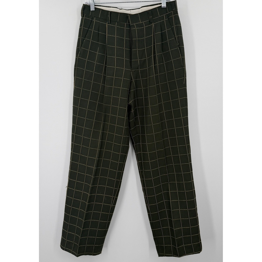 The Point Vintage Pleated Windowpane Trousers 32 Green Plaid Tapered Pants